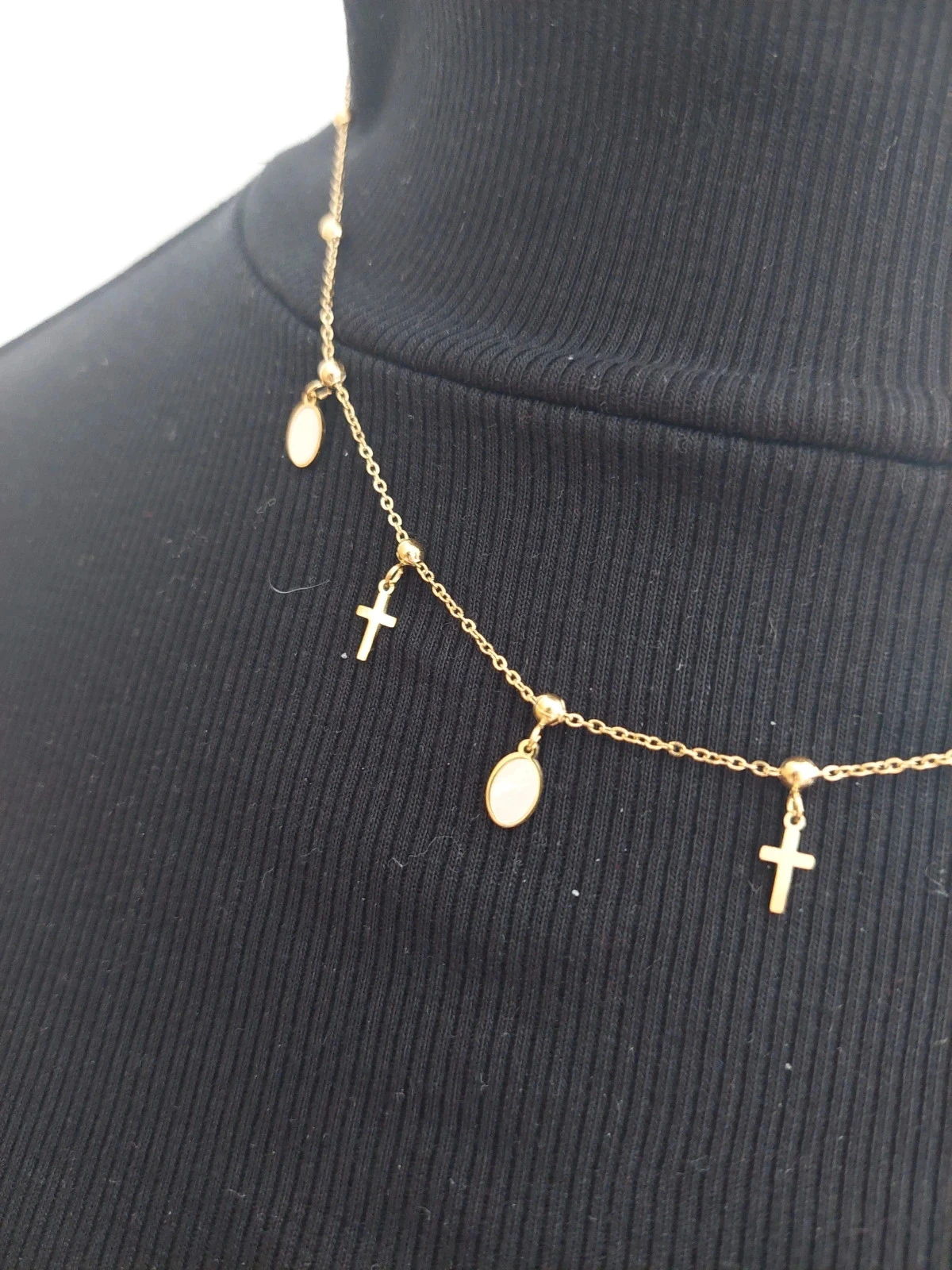 Collier pampilles en Acier Inoxydable doré – Croix & Nacre blanche – photo 2